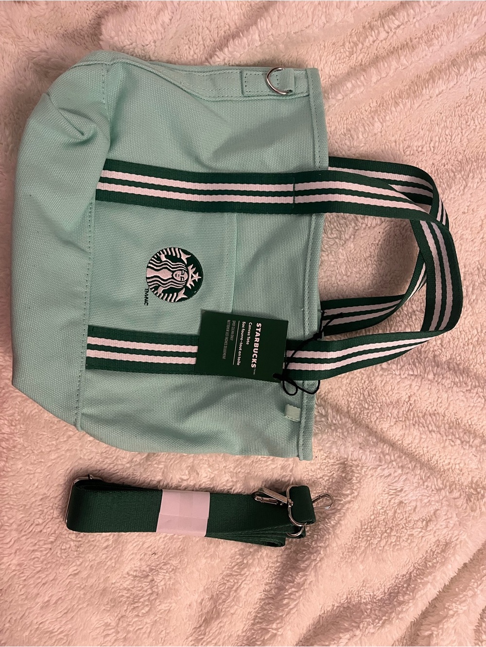 Starbucks Mint Green Canvas Tote with Green-White Striped Handles